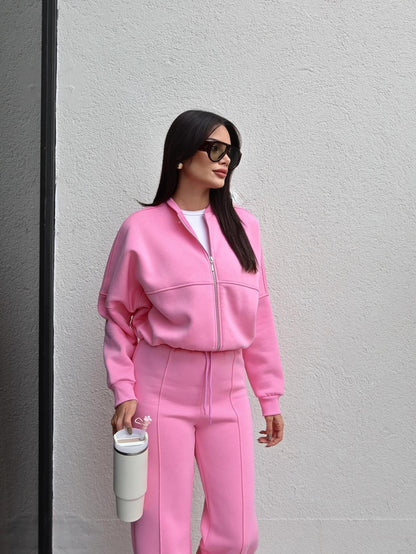 Çimalı Fermuar Detay Şardonlu Eşofman Takım Pembe