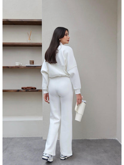 Çimalı Fermuar Detay Şardonlu Eşofman Takım Beyaz