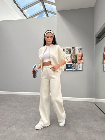 Çimalı Fermuar Detay Şardonlu Eşofman Takım Ekru