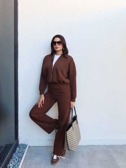 Çimalı Fermuar Detay Şardonlu Eşofman Takım Kahve