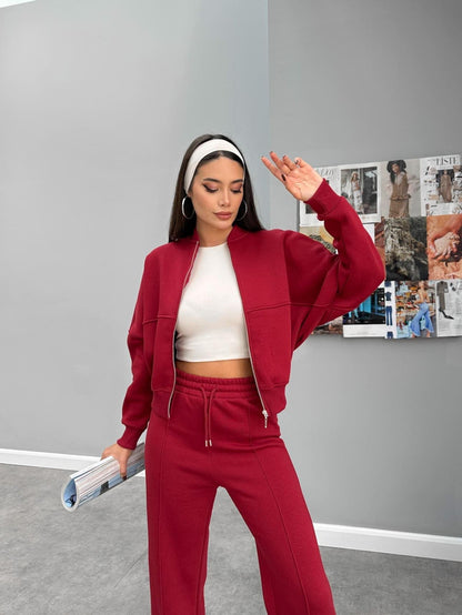 Çimalı Fermuar Detay Şardonlu Eşofman Takım Açık Bordo