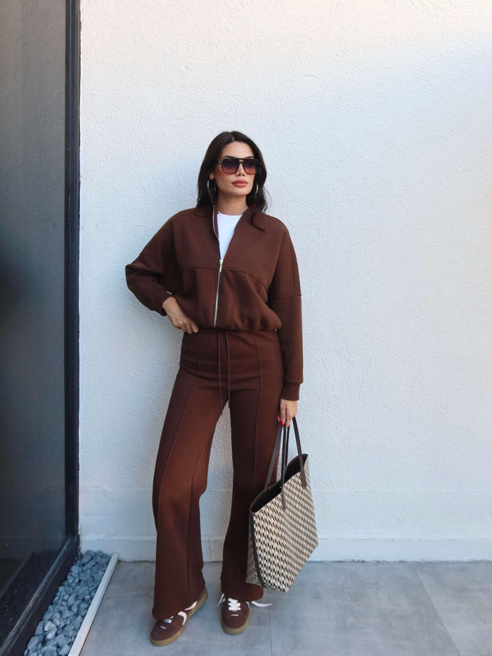 Çimalı Fermuar Detay Şardonlu Eşofman Takım Kahve