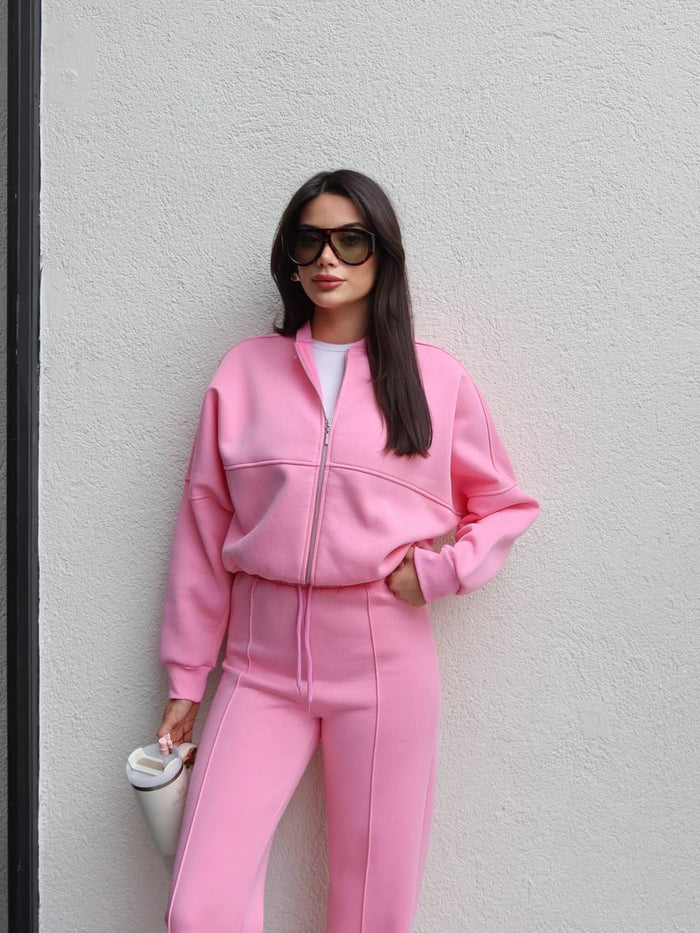 Çimalı Fermuar Detay Şardonlu Eşofman Takım Pembe