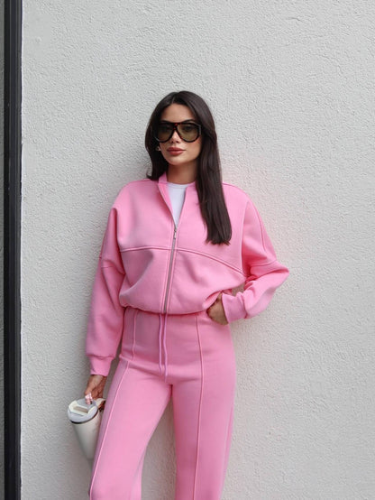 Çimalı Fermuar Detay Şardonlu Eşofman Takım Pembe