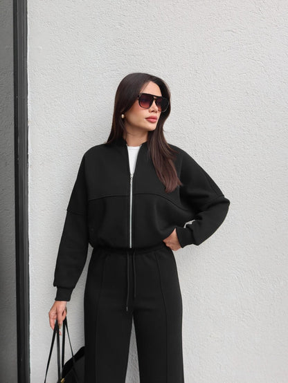 Çimalı Fermuar Detay Şardonlu Eşofman Takım Siyah