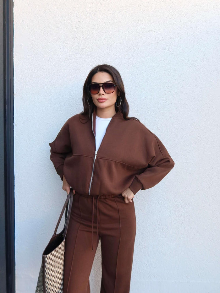 Çimalı Fermuar Detay Şardonlu Eşofman Takım Kahve