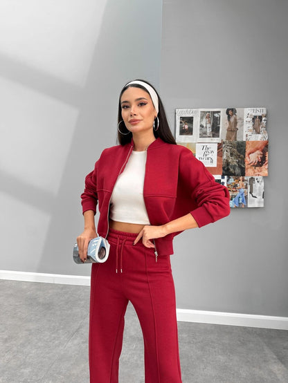 Çimalı Fermuar Detay Şardonlu Eşofman Takım Açık Bordo