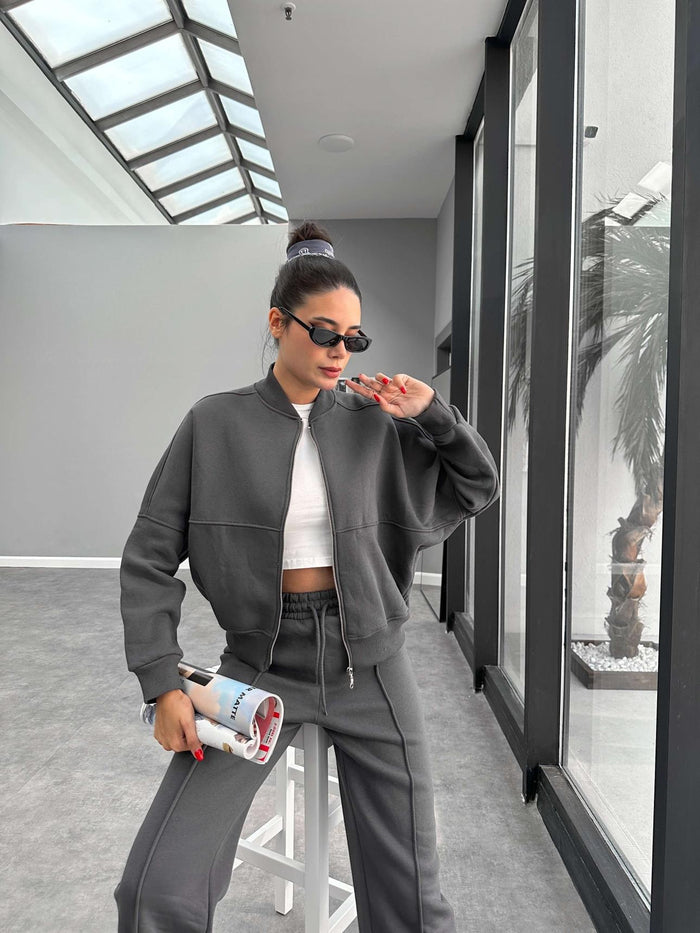 Çimalı Fermuar Detay Şardonlu Eşofman Takım Antrasit