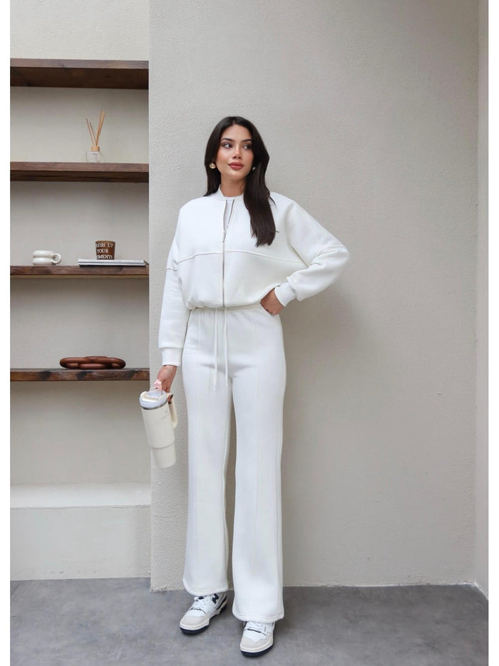 Çimalı Fermuar Detay Şardonlu Eşofman Takım Beyaz