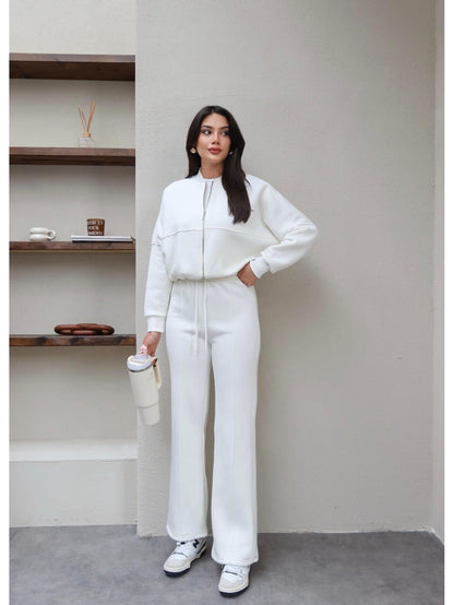 Çimalı Fermuar Detay Şardonlu Eşofman Takım Beyaz