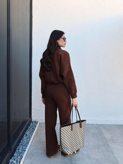 Çimalı Fermuar Detay Şardonlu Eşofman Takım Kahve