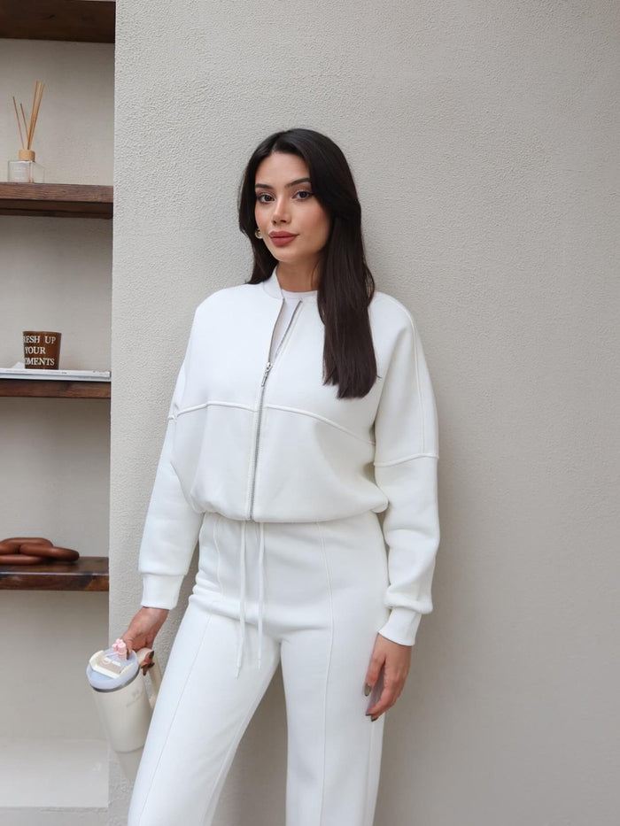 Çimalı Fermuar Detay Şardonlu Eşofman Takım Beyaz