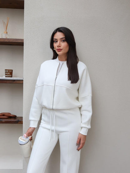 Çimalı Fermuar Detay Şardonlu Eşofman Takım Beyaz