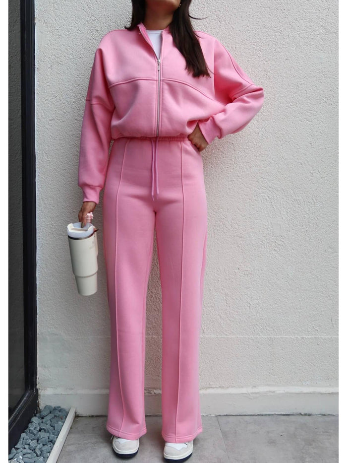 Çimalı Fermuar Detay Şardonlu Eşofman Takım Pembe