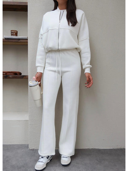 Çimalı Fermuar Detay Şardonlu Eşofman Takım Beyaz