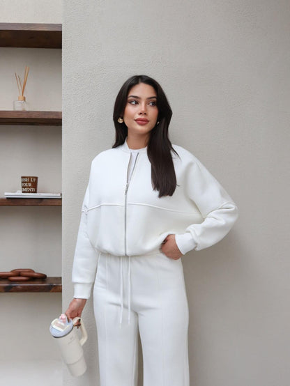 Çimalı Fermuar Detay Şardonlu Eşofman Takım Beyaz