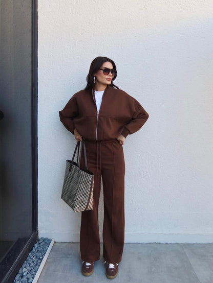 Çimalı Fermuar Detay Şardonlu Eşofman Takım Kahve