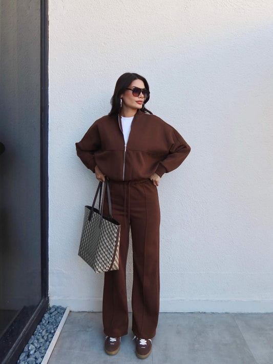 Çimalı Fermuar Detay Şardonlu Eşofman Takım Kahve