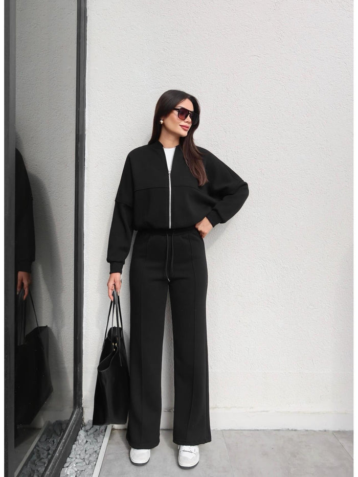Çimalı Fermuar Detay Şardonlu Eşofman Takım Siyah