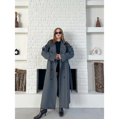 Çizgi Desen Uzun Kaşe Kaban Antrasit