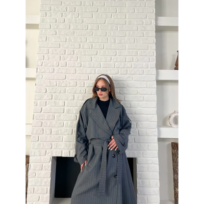 Çizgi Desen Uzun Kaşe Kaban Antrasit