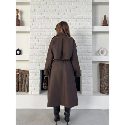 Çizgi Desen Uzun Kaşe Kaban Kahverengi