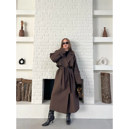 Çizgi Desen Uzun Kaşe Kaban Kahverengi