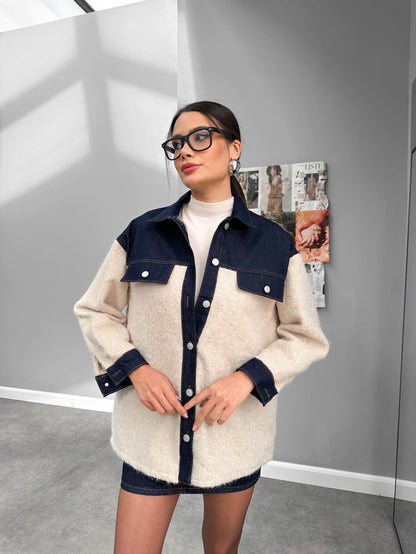 Denim Garnili Buklet Ceket