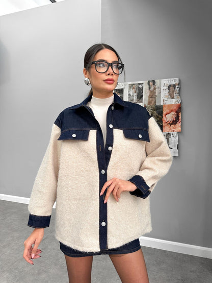 Denim Garnili Buklet Ceket