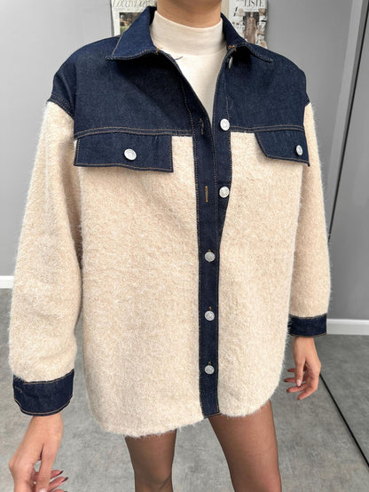 Denim Garnili Buklet Ceket