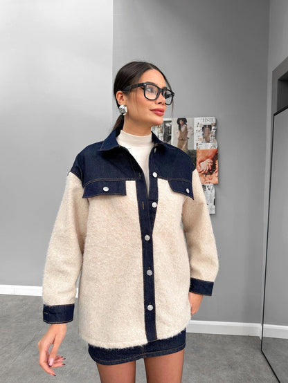 Denim Garnili Buklet Ceket