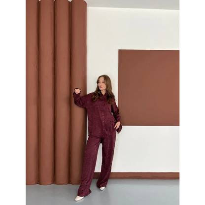 Desenli Gömlek-Pantolon Takım Bordo