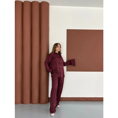 Desenli Gömlek-Pantolon Takım Bordo