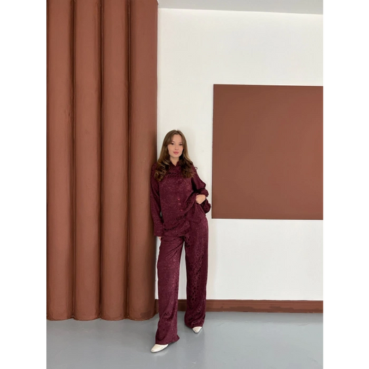 Desenli Gömlek-Pantolon Takım Bordo