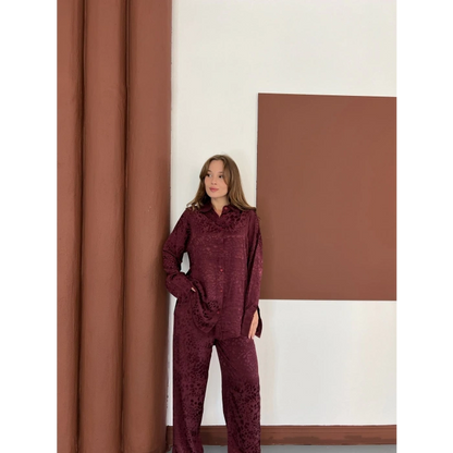 Desenli Gömlek-Pantolon Takım Bordo
