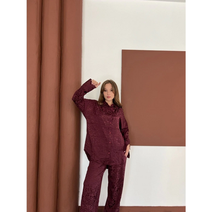 Desenli Gömlek-Pantolon Takım Bordo