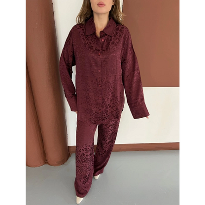 Desenli Gömlek-Pantolon Takım Bordo