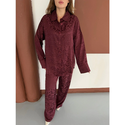 Desenli Gömlek-Pantolon Takım Bordo