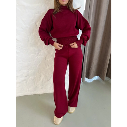 Dik Yaka Büzgü Bel Triko Takım Bordo