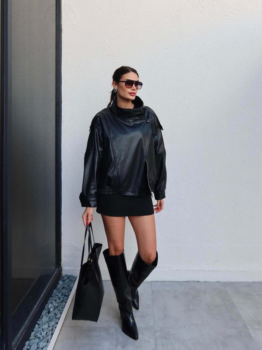 Dik Yaka Kruvaze Bomber Deri Ceket