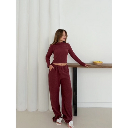Dik Yaka Pantolonlu Takım Bordo