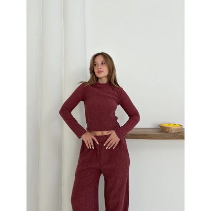 Dik Yaka Pantolonlu Takım Bordo