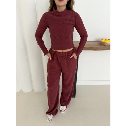 Dik Yaka Pantolonlu Takım Bordo