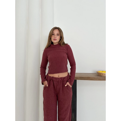 Dik Yaka Pantolonlu Takım Bordo