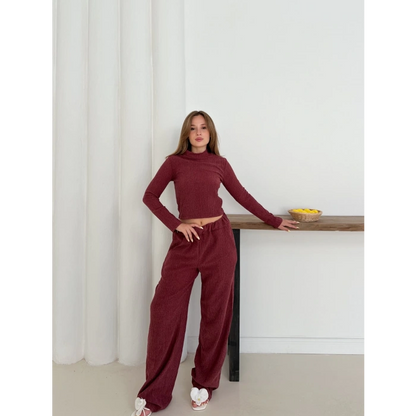 Dik Yaka Pantolonlu Takım Bordo
