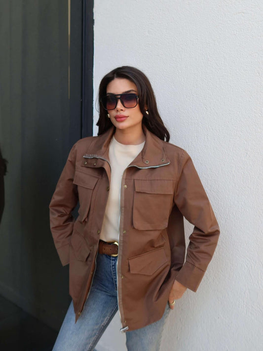 Dik Yaka Vatkalı Ceket Kahverengi