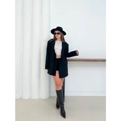 Düğme Detay Kruvaze Yaka Blazer Ceket Siyah