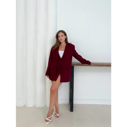 Düğme Detay Kruvaze Yaka Blazer Ceket Kırmızı