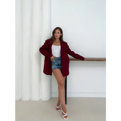 Düğme Detay Kruvaze Yaka Blazer Ceket Kırmızı
