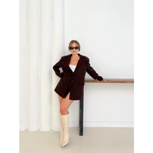 Düğme Detay Kruvaze Yaka Blazer Ceket Kahverengi